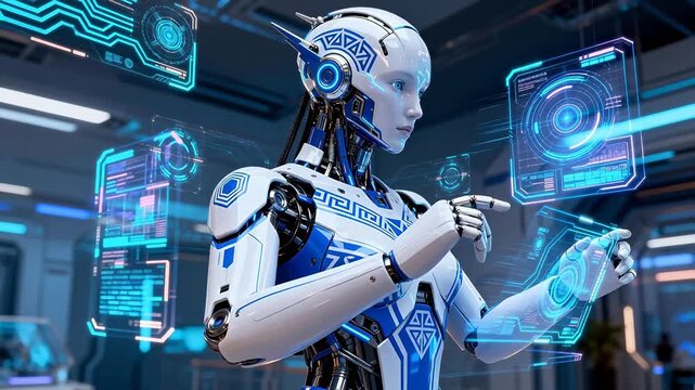 Futuristic humanoid robot in high tech environment