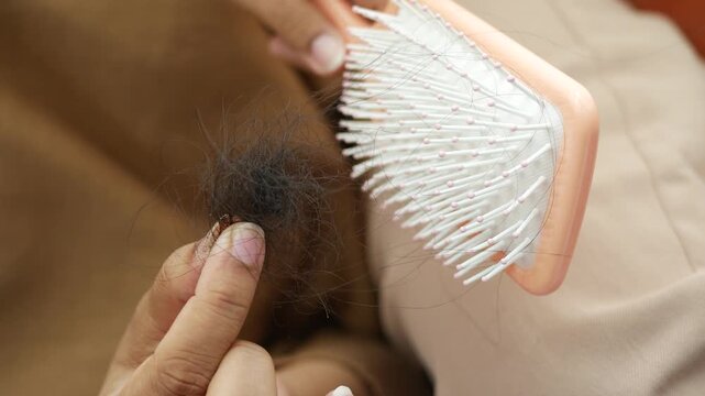 Close up shot of person brushing hair and hair falling onto brush concern over hair loss