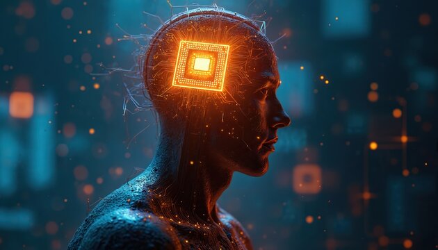 Human head with glowing CPU circuitry inside represents mind overload. Digital network connects wires to brain, showing tech impact. Conceptual art visuals show AI.