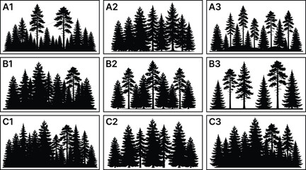 Pine and spruce forest silhouette set, coniferous woodland trees landscape collection, evergreen timber nature outlines, fir tree wilderness horizons for outdoors graphic design projects © Jesmin