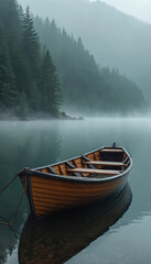 Obraz premium Wooden rowboat floats on calm lake water near misty forest shoreline. Peaceful morning mist hangs over tranquil natural landscape. Serene outdoor scene reflects quiet beauty.