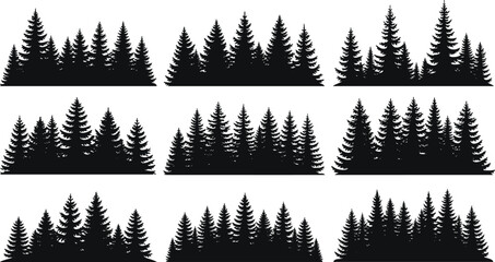 Pine and spruce forest silhouette set, coniferous woodland trees landscape collection, evergreen timber nature outlines, fir tree wilderness horizons for outdoors graphic design projects © Jesmin