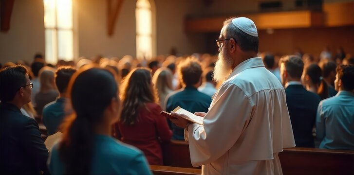 A diverse congregation attentively listens to their rabbi during a prayer service in a modern synagogue The image conveys reverence, spirituality, and community , tradition, worship, holy