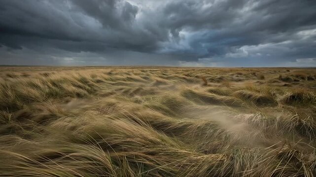 A vast field of tall grass sways violently in the wind under a dark stormy sky