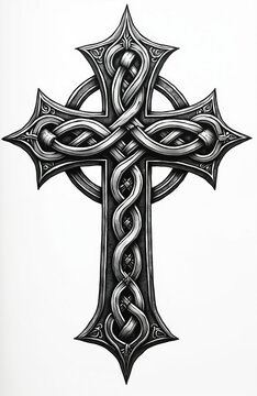 Intricate knotwork forms detailed Jerusalem cross, symbol of Christianity. Religious emblem blends ancient heritage with modern tattoo flash art style. Design evokes deep faith, spiritual devotion.