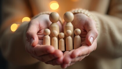 Cupped hands cradle wooden peg figures symbolizing a family. Soft bokeh lights create warm atmosphere, representing protection and togetherness within a home.