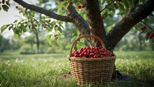 Cherries fill a woven basket at the base of a cherry tree in a lush, green orchard
