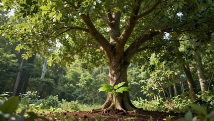 Small green sprout growing from roots of a massive tree
