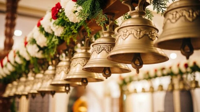 Row of Hanging Bells Decorated with Flowers for Celebration Event