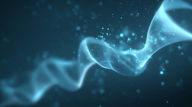 Futuristic abstract wave pattern with glowing particles, representing data flow and innovation in technology.