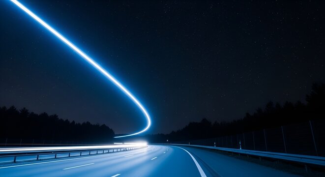 night highway light trails, long exposure, car headlights, stars