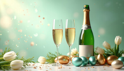 Obraz premium Two glasses of champagne next to bottle. Easter eggs and white tulips with green sprigs. Confetti floats in soft light. Festive spring celebration.