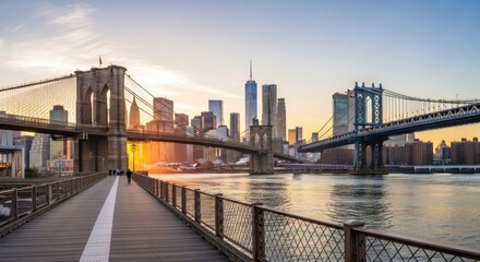 Brooklyn Bridge and Manhattan Bridge at sunset, with the New York City skyline in the background.