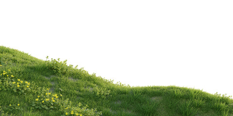 Fototapeta premium Verdant Hill Blooming with Yellow Flowers in Spring. 3D render. 