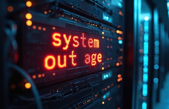 Red text SYSTEM OUTAGE glows on server rack. Blinking lights and cables fill dark room. Digital error alert displayed on tech equipment. Danger warning for computer network failure.