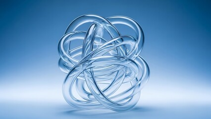 Abstract Clear Plastic Tangled Ball with Dynamic Reflection and Blue Background for Modern Design and Conceptual Art