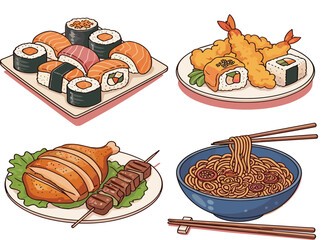 Japanese Sushi, Tempura and Ramen Vector Set with Grilled Chicken and Skewers Illustration © Sumon Creative