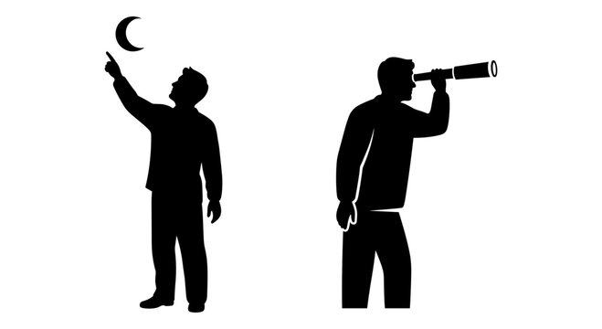 Two figures observing the moon and horizon with different tools. Vector, illustration