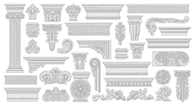 Collection of classical architectural elements, decorative borders, ornaments and columns in a vintage engraving style