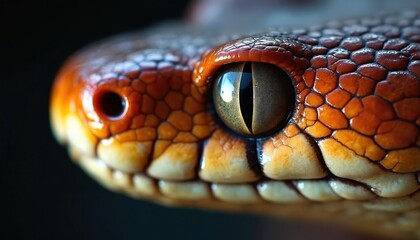 Fototapeta premium Detailed close up of snake eye shows intricate scale pattern and slit pupil. Reptile gazes intently, reflecting light. Focus on wild animal detail, natural texture, and vibrant colors.