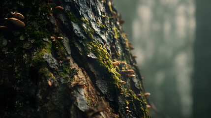 Obraz premium Close-Up of Damp Tree Trunk with Moss and Small Mushrooms