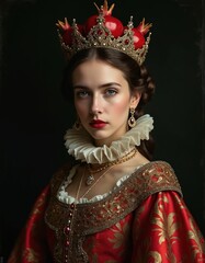 Young woman wears ornate crown with pomegranates, regal jewelry, and red gold dress. Elegant lady poses in studio, historical fashion, royal portrait.