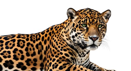 Obraz premium Majestic jaguar portrait showcasing distinctive spotted fur and intense gaze, highlighting the raw power and natural beauty of this magnificent wild big cat predator