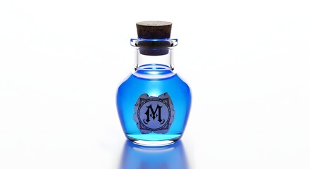 Mysterious Blue Liquid in a Classic Glass Potion Bottle with an Elegant Cork Stopper and Ornate Label Design, Isolated on a Pure White Studio Background