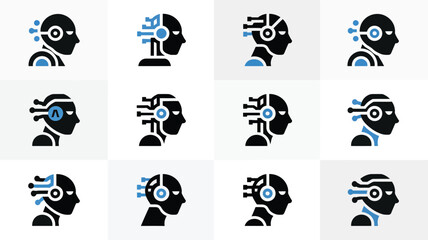 Minimalist technology icons featuring human heads with circuit board and robotic elements on white background