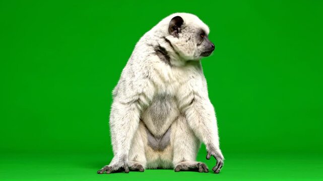 A silvery lutung sits calmly against a vibrant green background, viewed from the side.