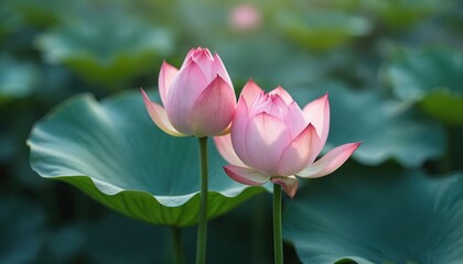 Obraz premium Two light pink lotus buds bloom on green leaves. Delicate flowers grow in water, symbolizing purity, rebirth, and spiritual awakening. Peaceful scene, perfect for calm themes.