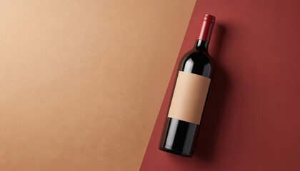 Obraz premium Top view of dark glass red wine bottle with blank label on diagonal brown red background. Empty space for text and branding on this studio product shot.