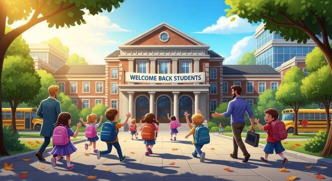Children running out of a school building, with a sign reading 'Welcome Back Students'