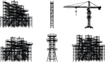 Fototapeta premium Construction silhouette structures, scaffolding tower illustration, crane equipment artwork, building site design, infrastructure development concept, industrial architecture vector,