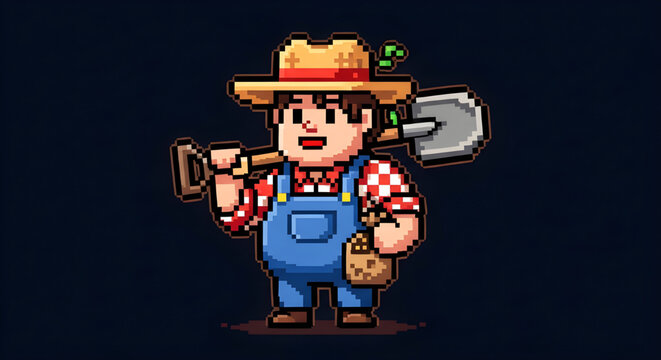 Cute Pixel Art Farmer Character Holding Shovel for Farm Simulator