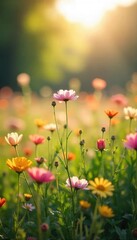Fototapeta premium A vibrant field of wildflowers swaying gently in the breeze, bathed in warm sunlight Perfect for spring, nature, and tranquility themes , tranquil, background