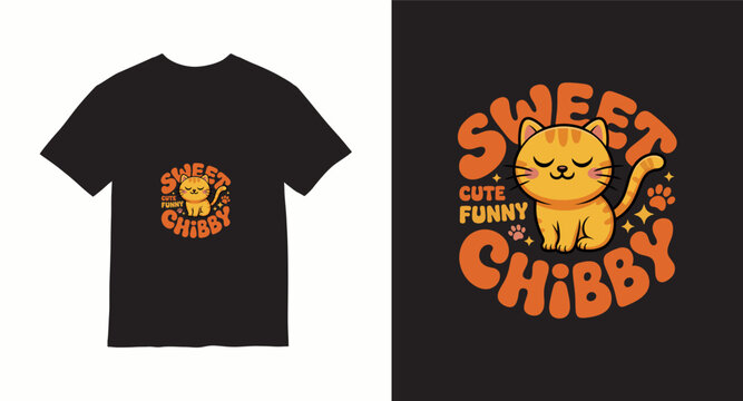 Sweet cute funny chibby orange cat typography t-shirt design vector illustration