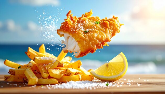 Classic fish and chips. Crispy beer battered fish with golden fries, lemon wedge and a breezy seaside mood.