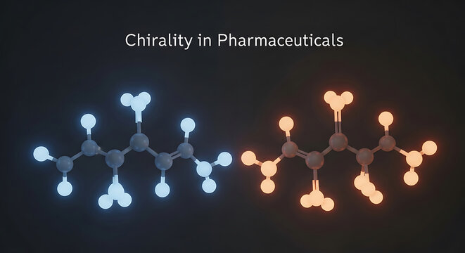 Molecular structures of chiral compounds in pharmaceuticals illustrated with glowing atoms and bonds in detail