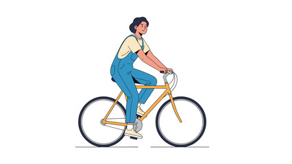 Obraz premium Cheerful woman in blue denim overalls riding a classic yellow bicycle, depicted in a clean flat illustration style on a white background.