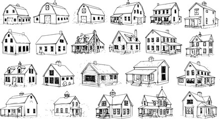 Naklejka premium Collection of hand-drawn architectural sketches of various houses, farmhouses, and barns in black and white, suitable for vintage design and illustration projects.