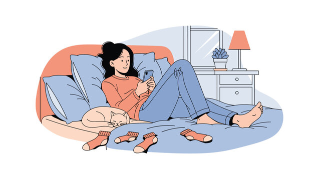 Young woman lies on her bed using a smartphone with several pairs of socks scattered around her and her cat nearby in the bedroom.