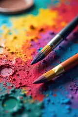 Fototapeta premium Two paintbrushes rest on a vibrant canvas, a palette nearby, suggesting a lively artistic discussion between colors and forms , conversation, still life