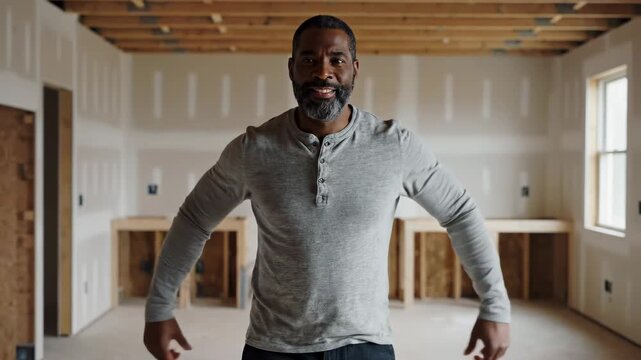 Man Standing in Unfinished Room with Exposed Framing and Drywall.