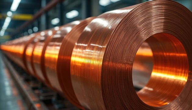 Large coils of shiny copper wire sit in a factory. Shiny metal rolls are ready for industrial use. This raw material signifies production and commerce.