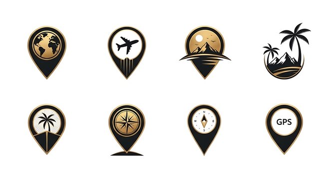 Set of elegant black and gold travel and navigation location pin icons, perfect for representing global journeys, adventures, and exploration concepts