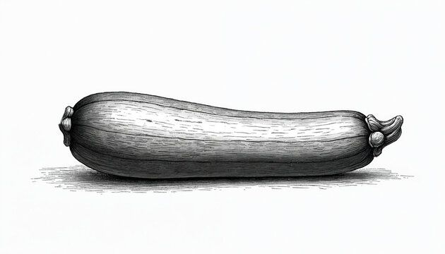 Zucchini illustration in monochrome. Hand drawn courgette detail on white background. Artistic sketch of healthy organic produce for culinary design.