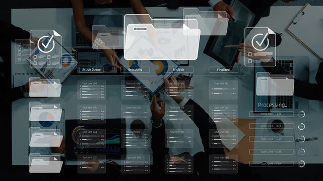 A professional business team collaborates on project plans using digital tools in a modern office, showcasing teamwork, strategy, and data-driven insights. Raster