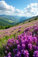 Fototapeta premium Vast expanse of purple heather in full bloom under a summer sky, wildflowers dotting the landscape Rolling hills create a breathtaking panorama of natural beauty , sun, sky, light