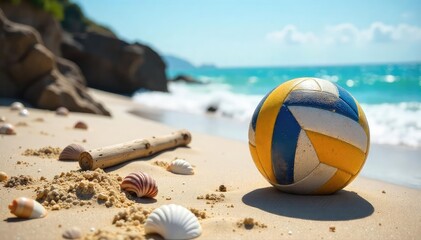 Obraz premium A volleyball rests on a sandy beach near the ocean, surrounded by seashells and driftwood, embodying the natural beauty of the sport , active, summer, beach